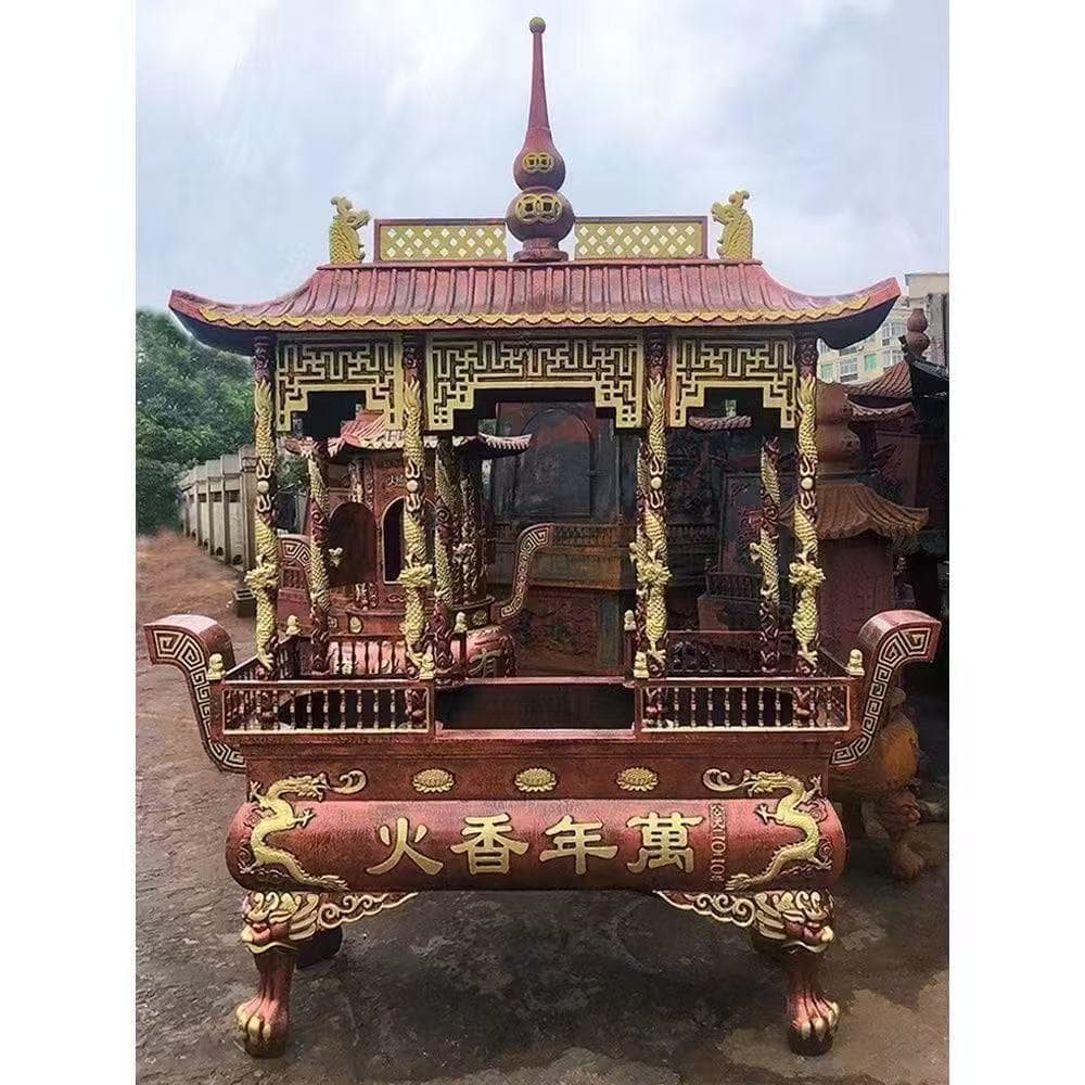 Large Temple Cast Iron Incense Burner, Rectangular Ancestral Hall or Taoist Temple Style with Eight Dragon Columns and Lid, Direct from Manufacturer