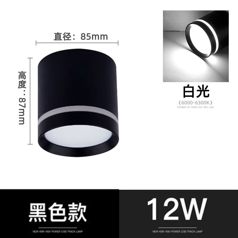 Black LED Surface-Mounted Downlight, Nordic Ceiling COB Ceiling Light, Side-Emitting for Hallway, Entryway, Living Room, No Cutout Required, 12W