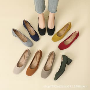 808 Straight Grain Princess Shoes Black Work Shoes Women's Pointed Toe Low-Cut Mid-Heel Chunky Heel Casual Princess Shoes