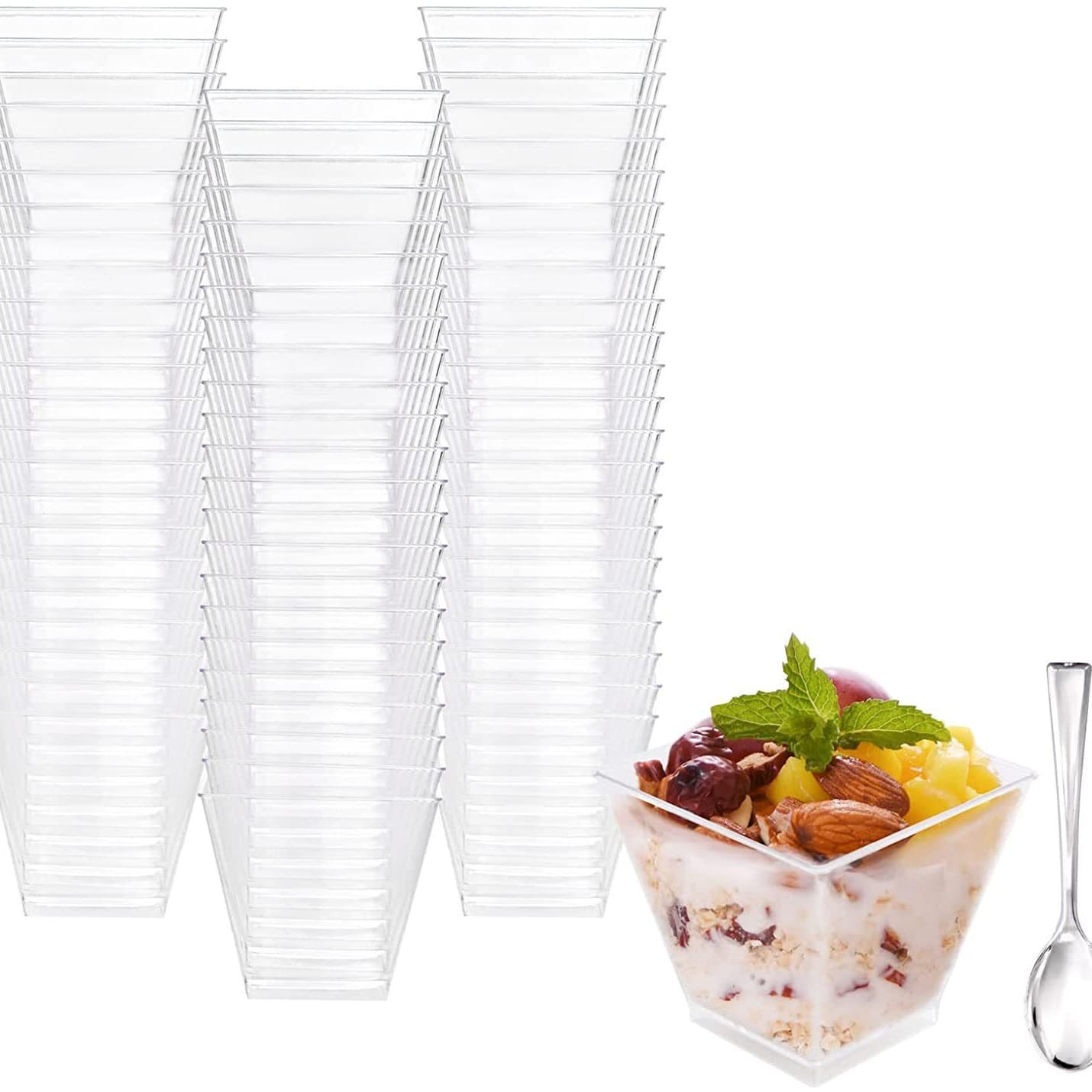 60ML 2OZ Clear Small Square Cup Trapezoid Square Cup Mousse Dessert Cup Electroplated Silver Dessert Spoon dessert cups
