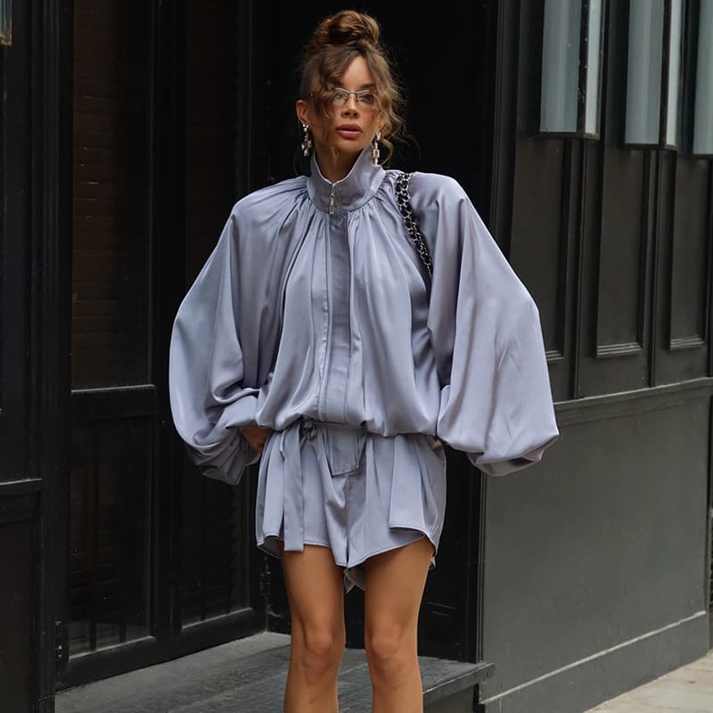 European and American Women's Fashion 2026 Fall New Trendy Casual High Neck Puff Sleeve Loose Fit Solid Color Shorts Set