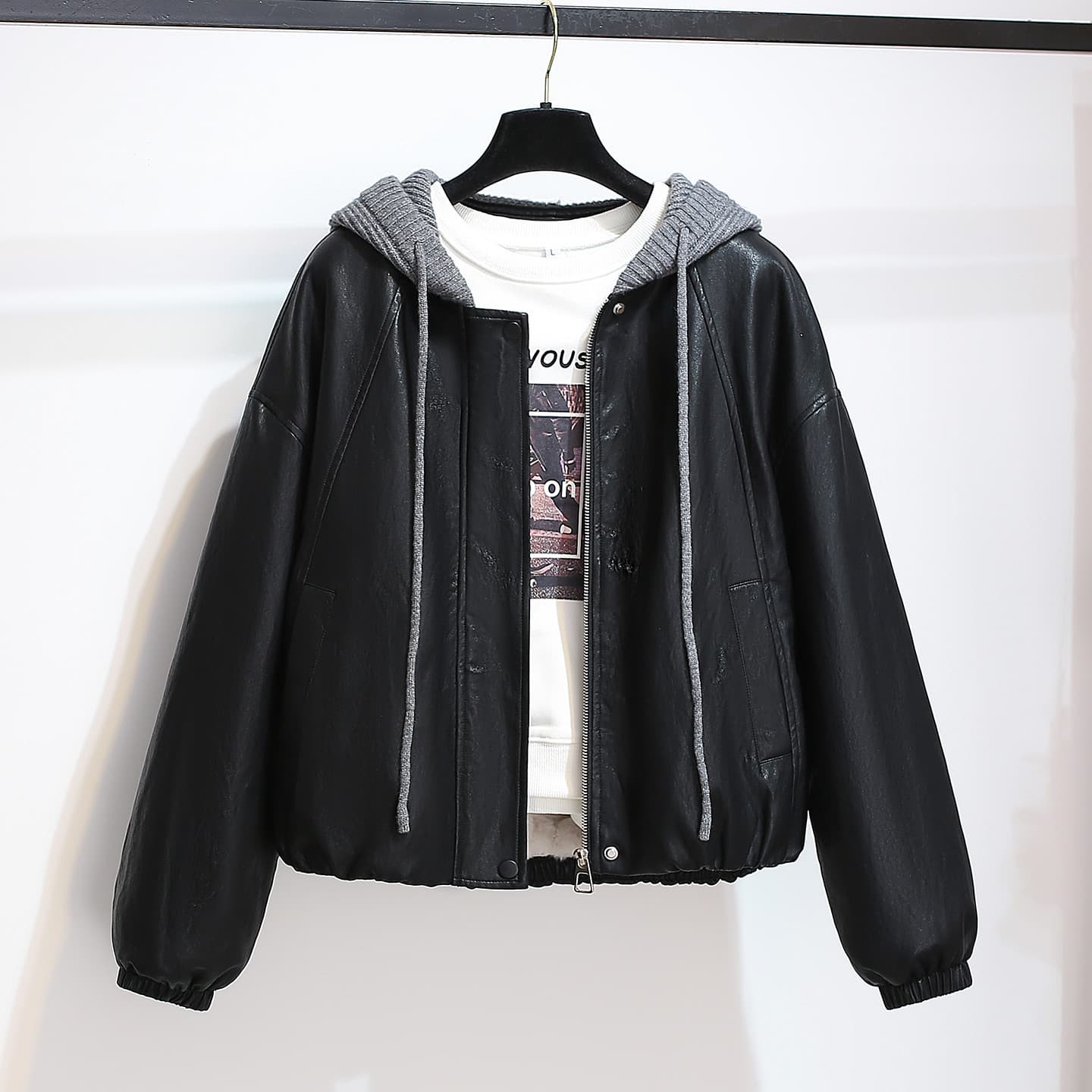 2026 Trendy Black Knitted Hooded PU Leather Jacket, Thickened and Fleece-Lined, Women's Winter New Style Coat