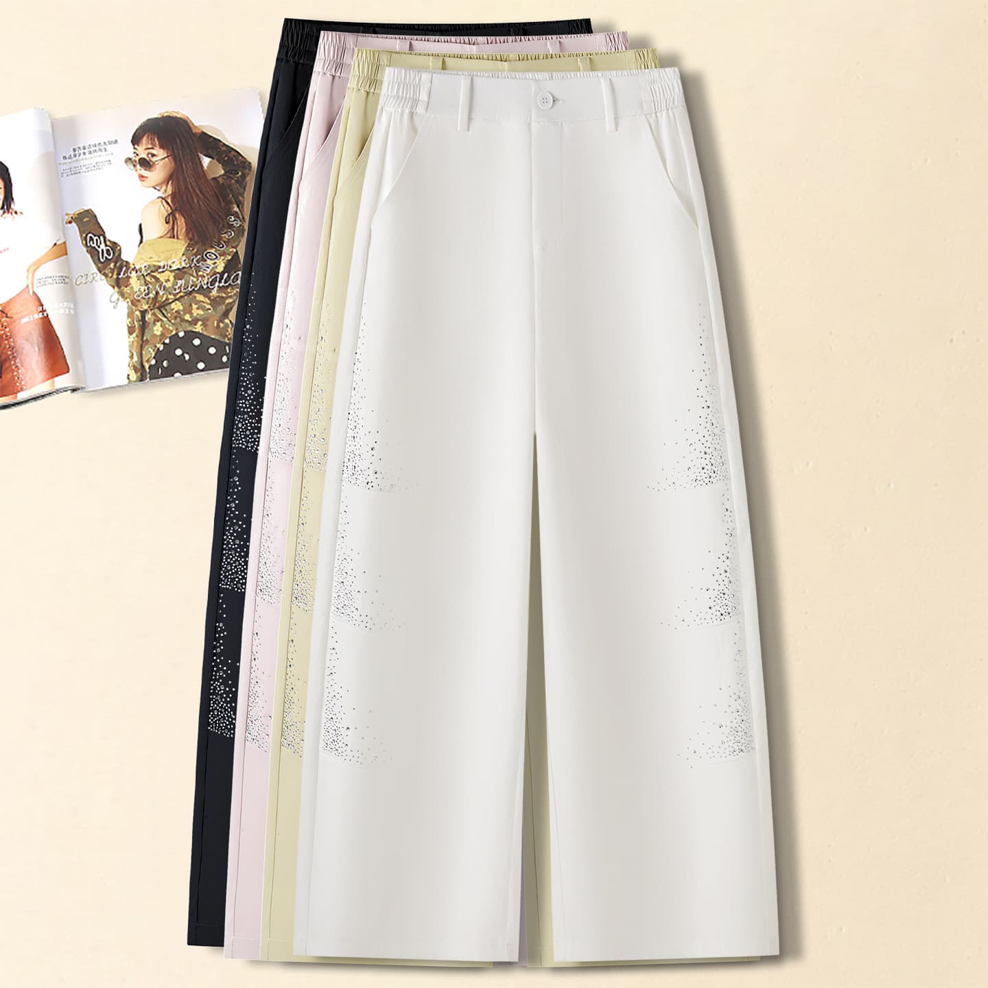 Hot diamond nine-point machete pants for women summer thin 2026 new high-waist elastic casual pants small wide-leg pants