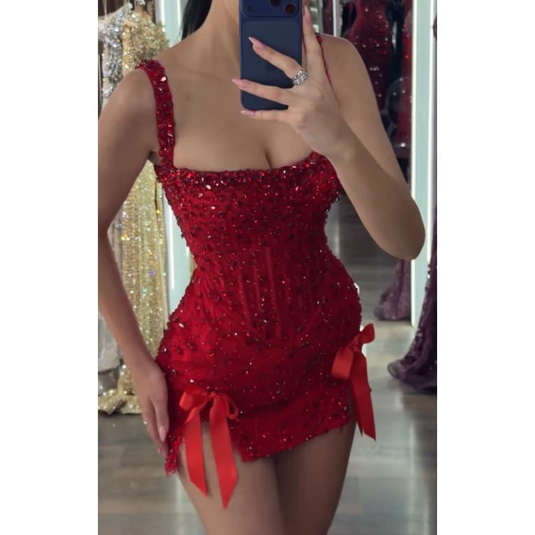 American hot girl heavy industry nail diamond red dress skirt with bow slit sexy short banquet date hip-covering short skirt