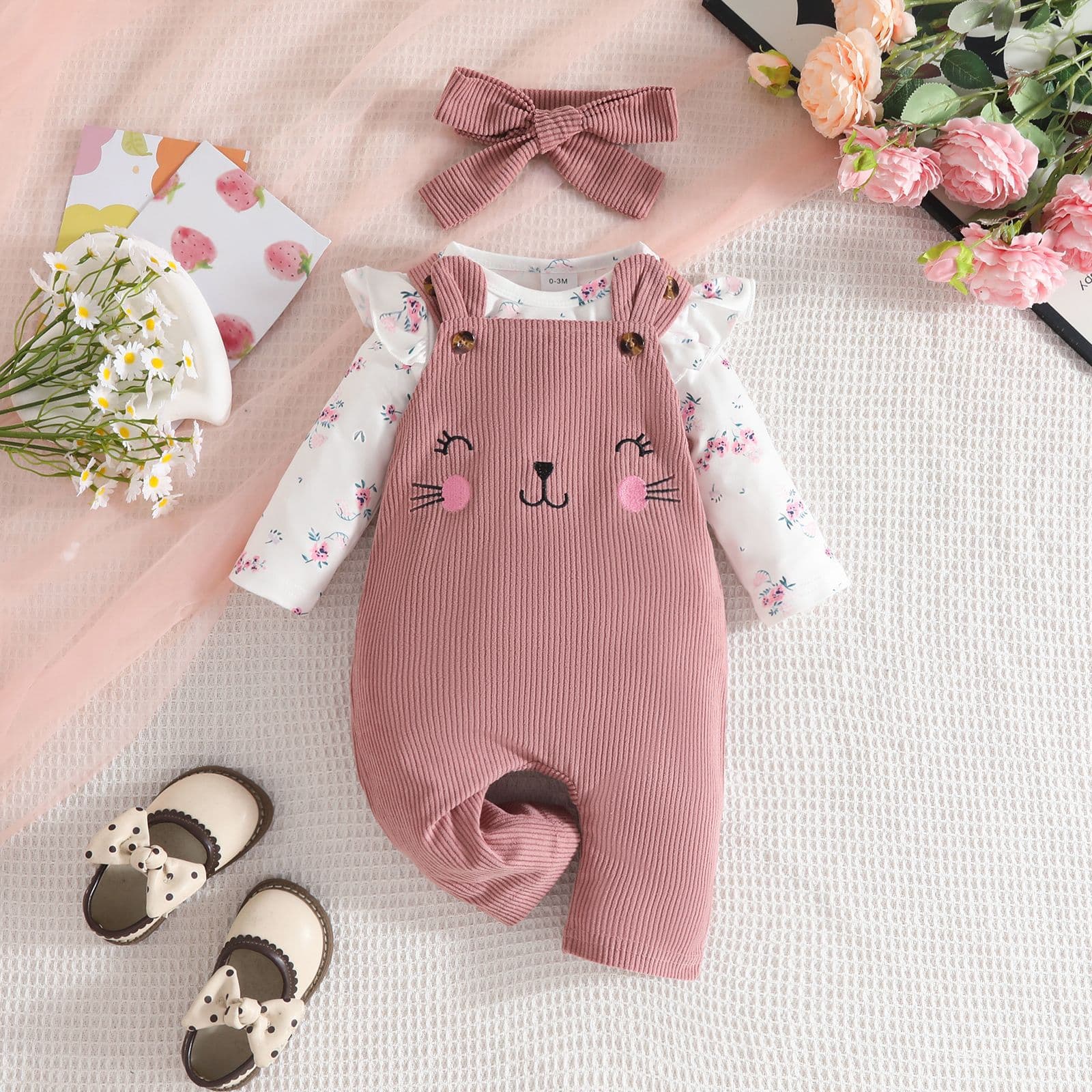 Cross-border baby floral print long-sleeved triangle overalls suit baby girl animal corduroy trousers top