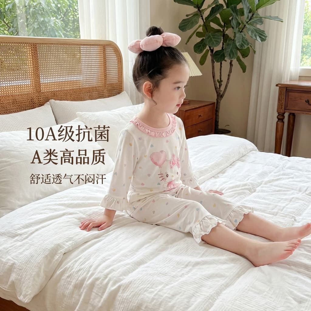 Kids Pajamas Baby Summer Three-Quarter Sleeve Air Conditioning Wear Girls Tencel Lace Homewear Boys Cartoon Two-Piece Set
