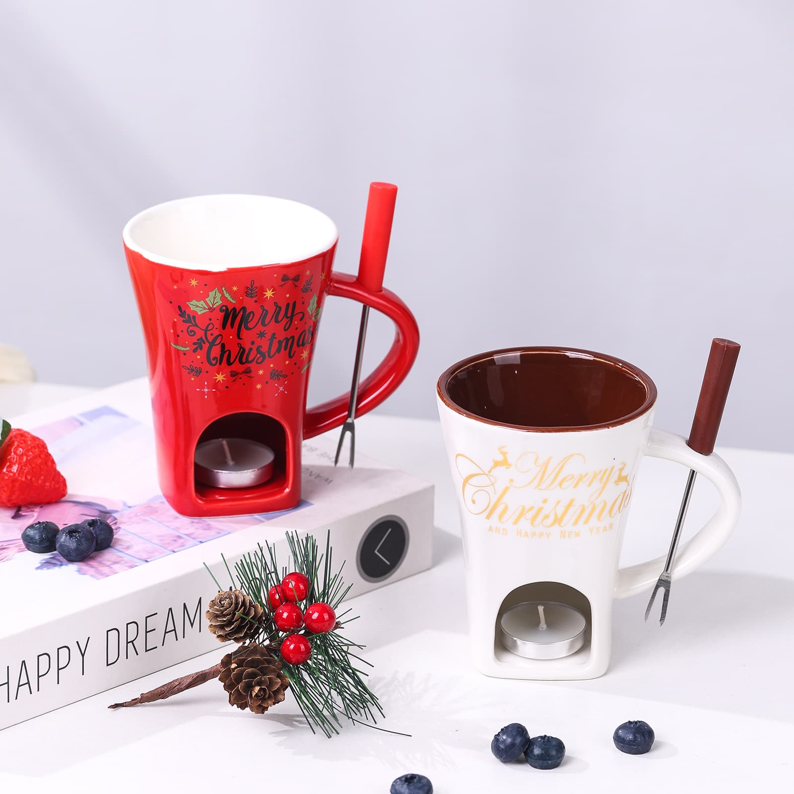 Cross-border Chocolate Cheese Fondue Cup Coffee Cup Fork Ceramic Heating Candle Couple Christmas Cup Gift