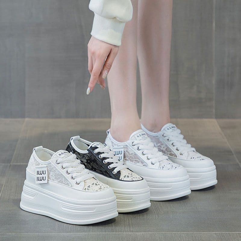 Women's Height-Increasing White Casual Sneakers, Summer New Mesh Breathable Platform Thick Sole Board Shoes for Petite