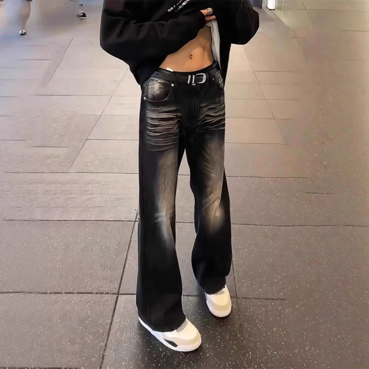 American retro blue scimitar jeans men's spring loose bootcut pants high street cleanfit high waist straight pants