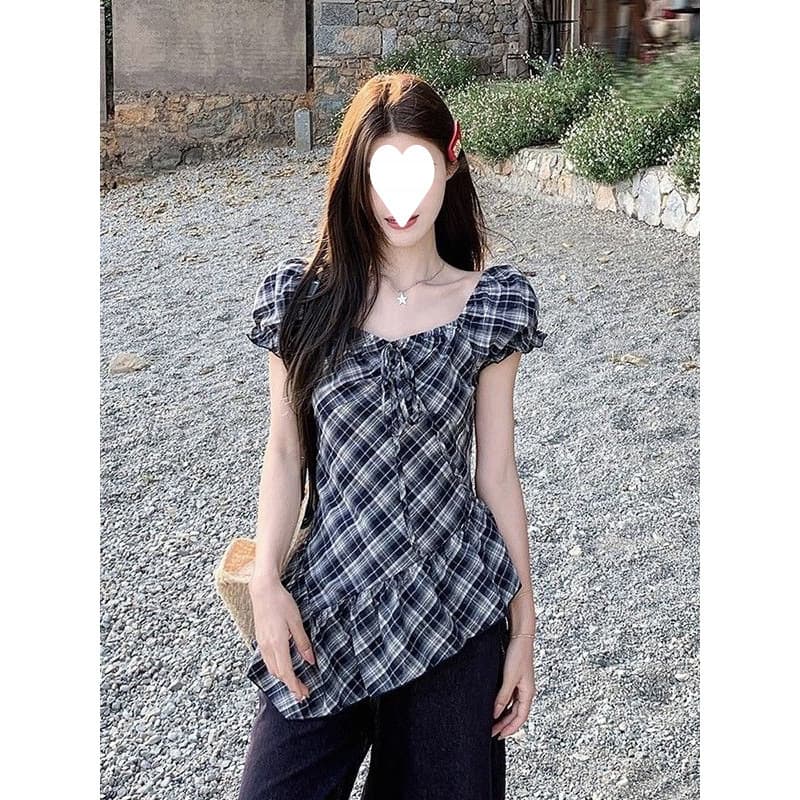 French retro square collar plaid shirt for women summer new short-sleeved shirt large size slim irregular top