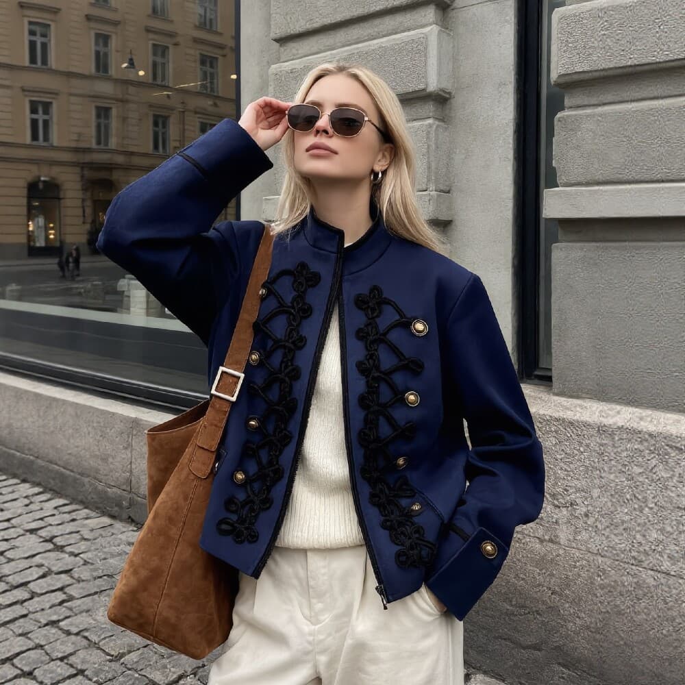 Stand collar short jacket for women 2026 new style retro knot buckle design jacket autumn and winter fashionable and versatile