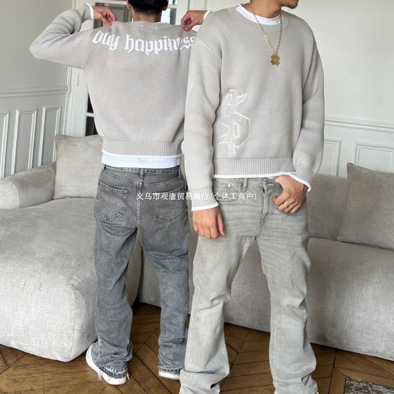 Cross-border New AliExpress American Style Embroidered Crewneck Sweater Men High Street Design Jacquard Loose Knitwear Autumn Winter