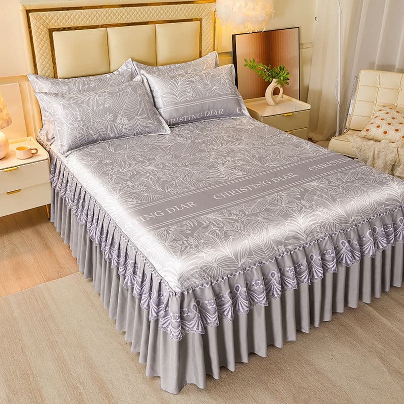 Machine Washable Ice Silk Cooling Bed Skirt 3-Piece Set with Lace Trim, Air-Conditioning Mat, Anti-Slip Soft Ice Silk Mat for Summer