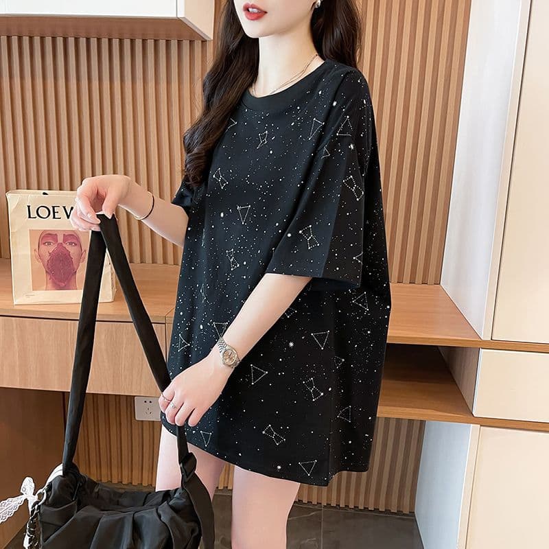 Heavy-Duty Starry Sky Print Short-Sleeve T-Shirt for Women, New Summer Loose Mid-Length European Style Oversized Top That Covers the Hips