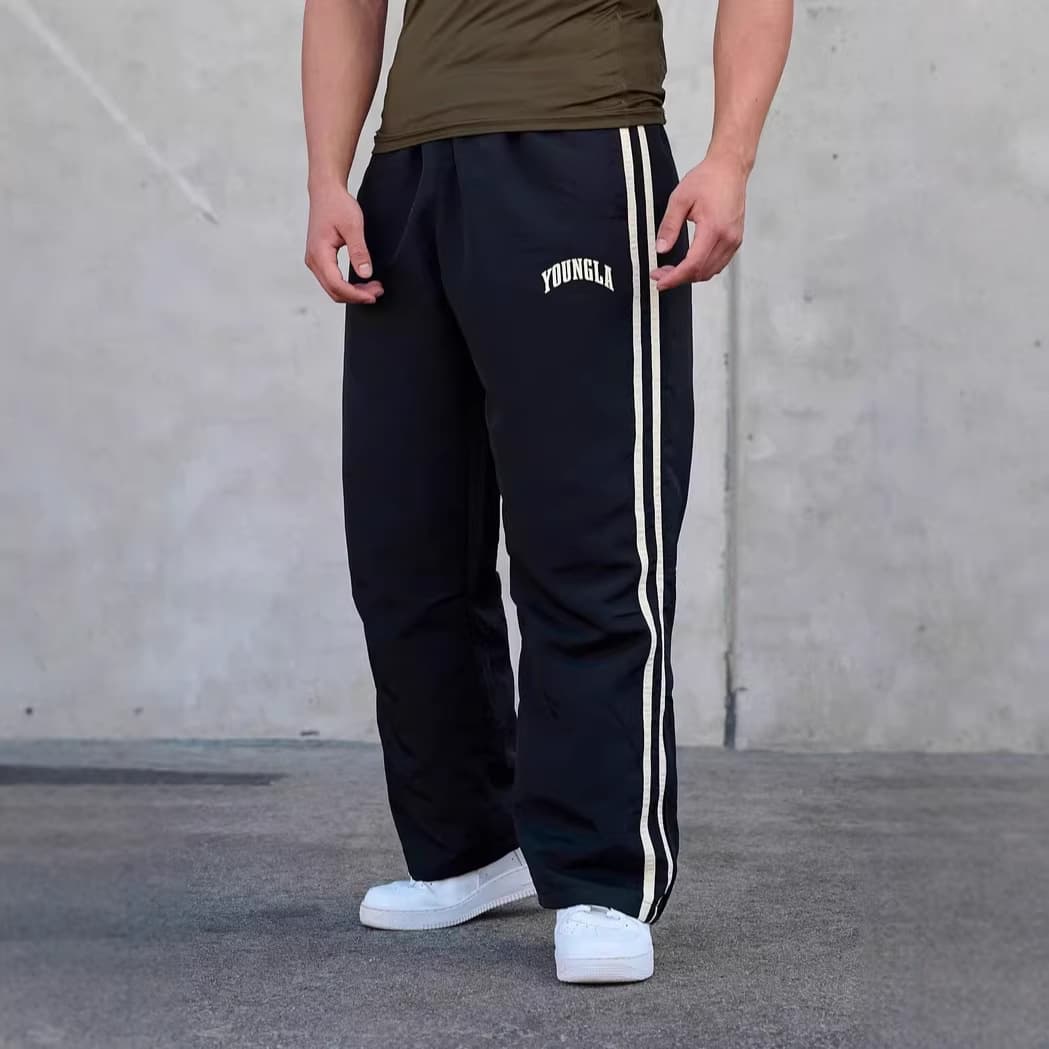 YOUNGLA Men's Sweatpants Double Striped Print Casual Pants for Gym Workout Mid-Rise Straight Leg