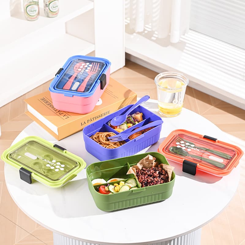 Amazon Cross-border Food-Grade Light Meal Bento Box Divided Lunch Box with Fork and Spoon Convenient Microwaveable Lunch Box