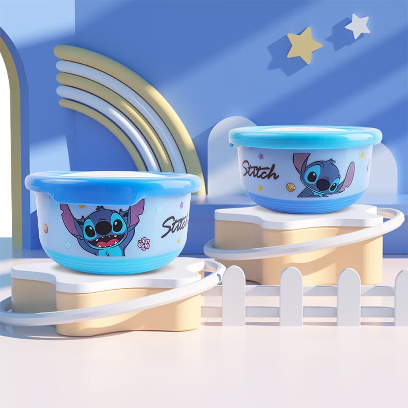 Disney Stitch Round Rice Bowl Set Large Capacity Lunch Box Student Sealed Fresh-Keeping Bowl for Drinking Soup and Eating