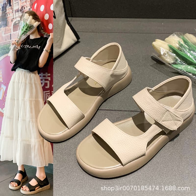 Cross-border Large Size Velcro Sandals Women 2024 Summer New Thick Sole Round Toe Slippers Fairy Style Beach Sandals