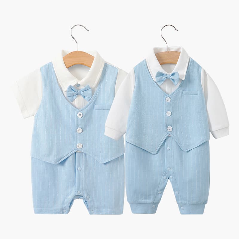 Baby Romper 0-1 Year Old Boy Bodysuit Spring Summer A-Class Newborn Clothes Light Blue Gentleman Korean Style Baby Wear