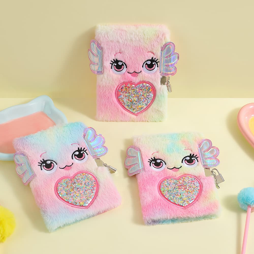 Cross-border new cartoon plush notebook for children, cute baby fish with lock diary, love quicksand notepad