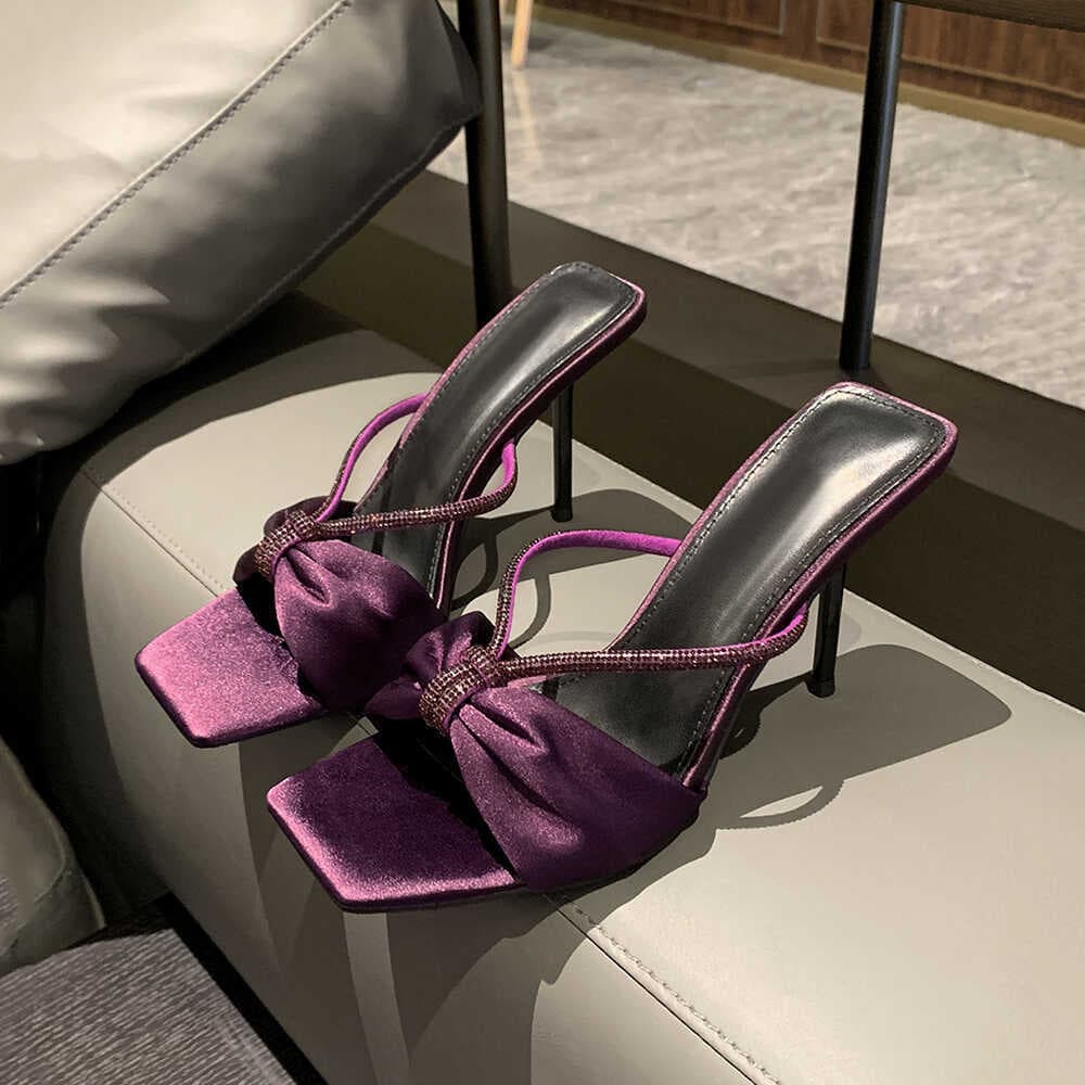 Purple Satin Rhinestone One-Strap Sandals Women 2024 Summer New Butterfly Toe-Out High Heel Slide Sandals