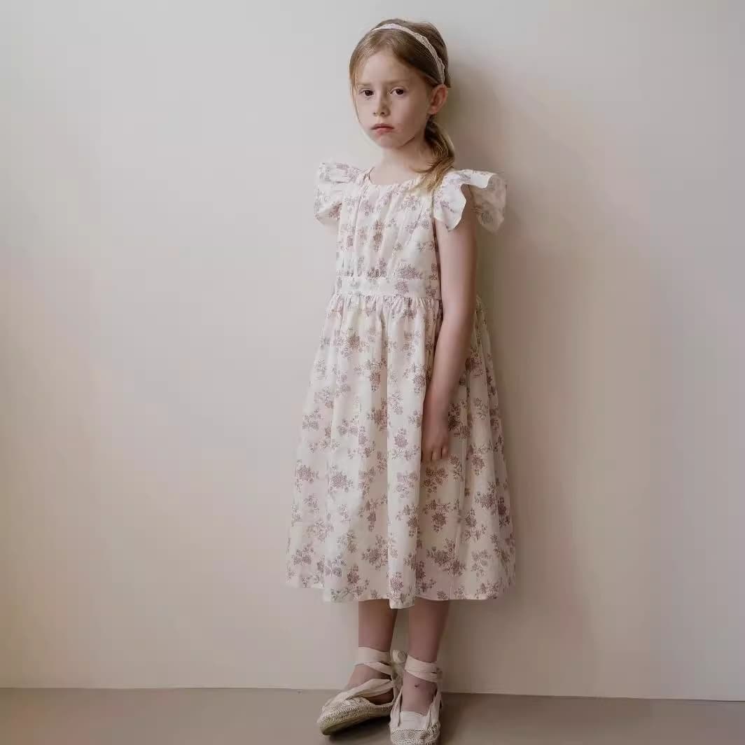 In Stock Fashionable Sweet Princess Dress Pink Floral Print Girls Dress Pure Cotton Small Flutter Sleeve Children Dress