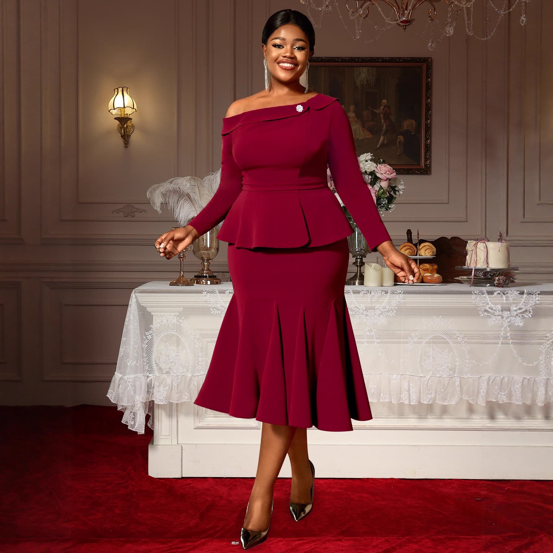 Plus Size Fashion Wine Red One-Shoulder Ruffle Long Sleeve Top Fishtail Skirt Elegant Suit Dresses