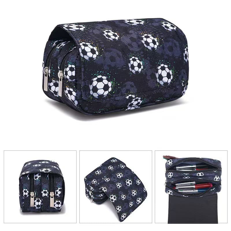 New football all-printed double-layer flip-top pencil case polyester wear-resistant pencil case large-capacity sports stationery storage bag