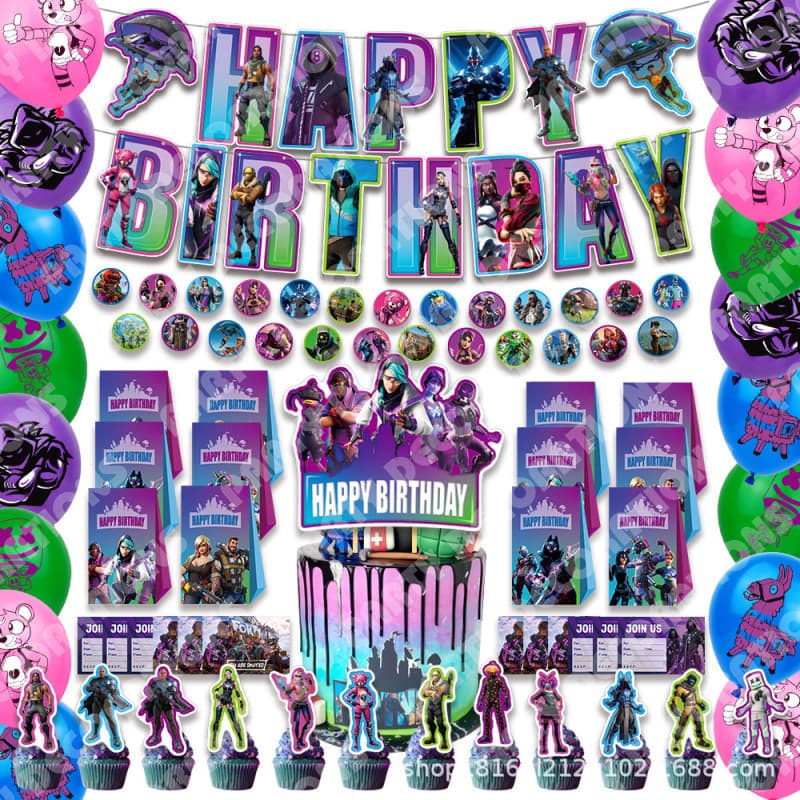 Cross-border Fortnite Birthday Theme Party Decoration Banner, Cake Flag, Balloon, Sticker, Paper Bag, Invitation Card