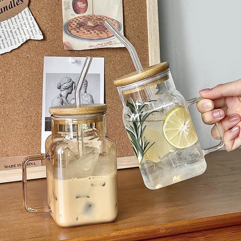 High-looking square bamboo lid with handle glass cup milk tea cup straw cup juice high borosilicate glass