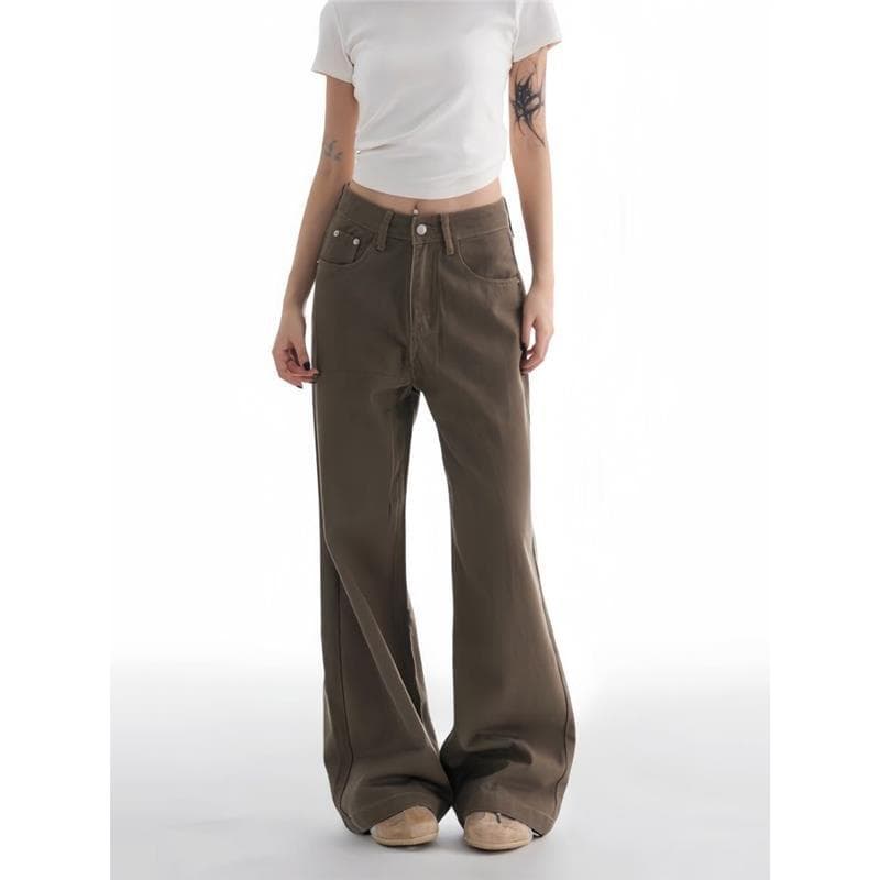 Liwei Bamboo Rad Brown Jeans for Women, Summer and Autumn, Plus Size, Loose Fit, High Waist, Slimming, Retro Flow Straight Leg Pants