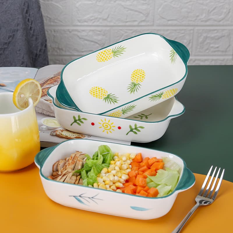 Ceramic Household Bowl with Double Handles, Fruit Salad Bowl, Baking Bowl, Dessert Bowl, Children's Rice Bowl, Baking Dish Wholesale