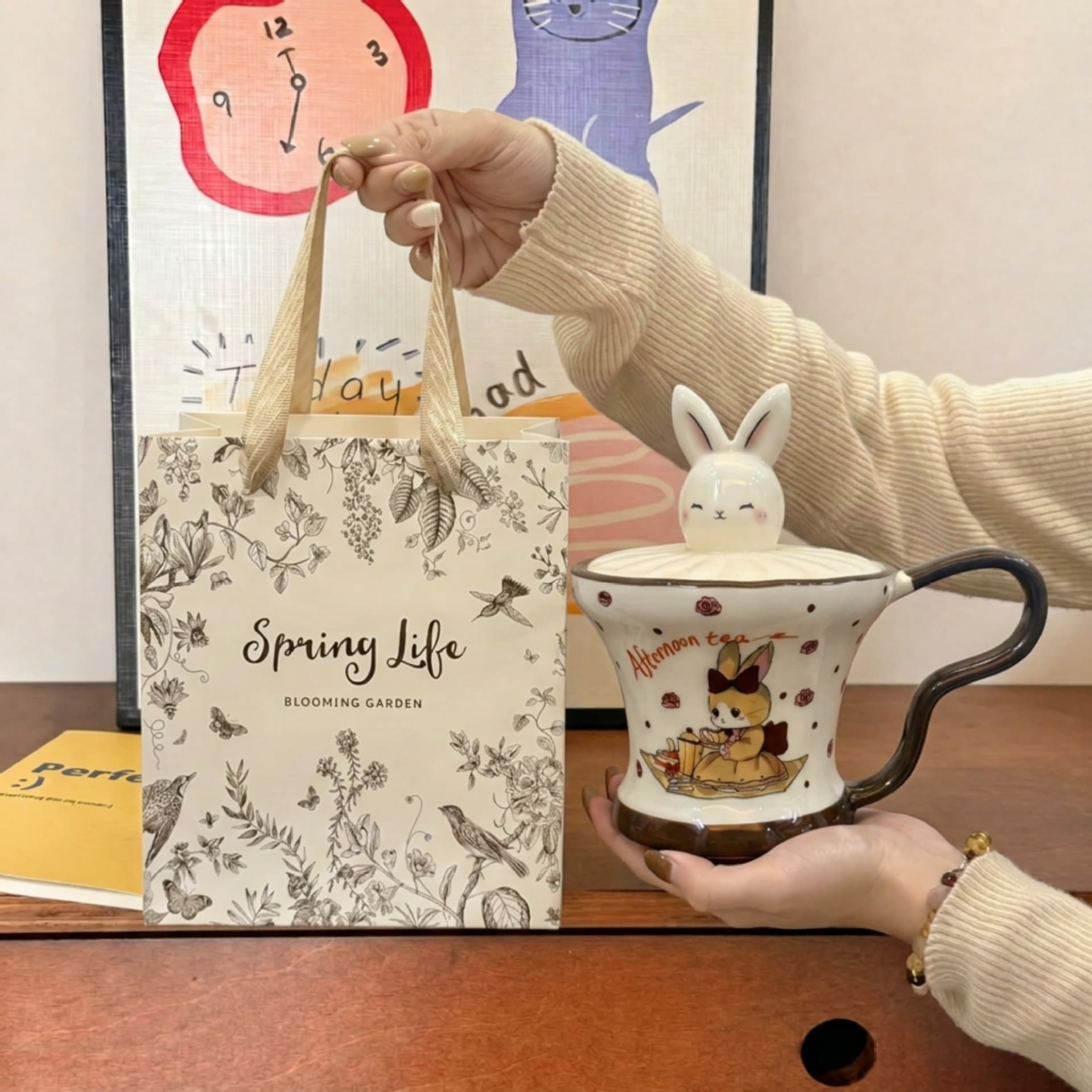 French Vintage Floral Rabbit Ceramic Mug, Girly High-Aesthetic Coffee Cup, Birthday Gift Box Set