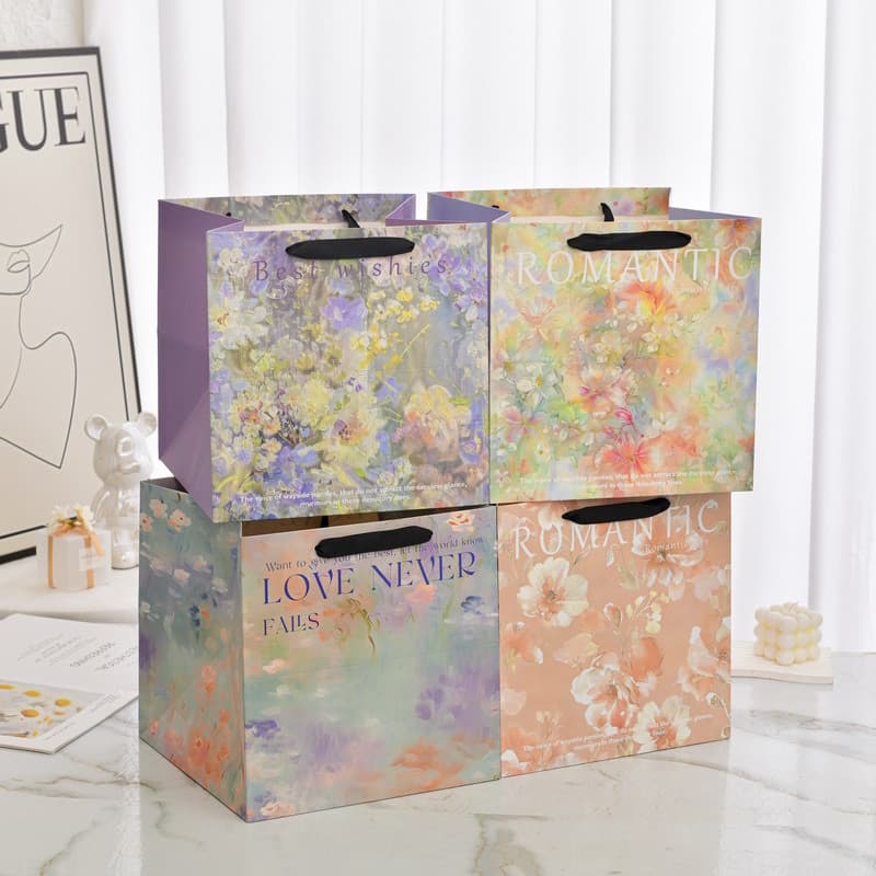 Oil Painting Floral Tote Bag Gift Bag Square Gift Bag Flower Shop Bouquet Packaging Bag Valentine's Day Gift Bag In Stock