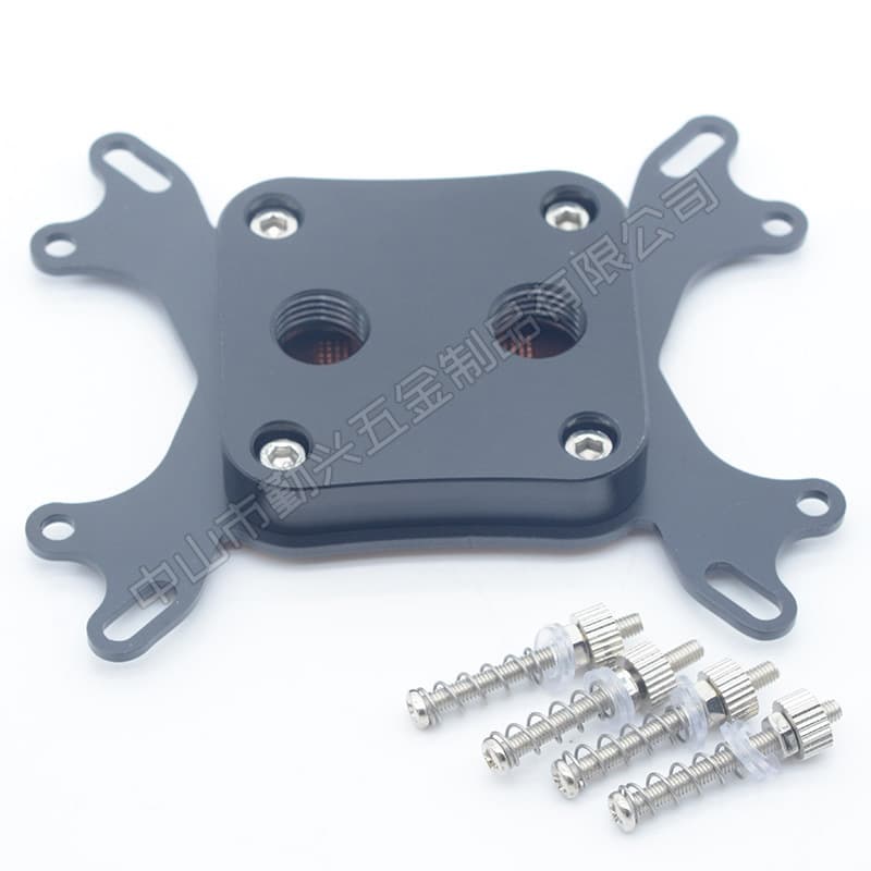 Computer CPU water cooling block compatible with AMD and Intel computers, brass base plate.