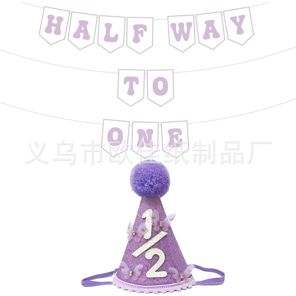 HALF WAY TO ONE linen swallowtail flag felt raffia string flag half birthday hat cake insert