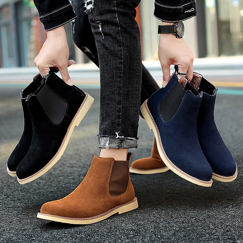 Men's Winter Chelsea Boots High-Top Martin Boots British Style Cotton Shoes Mid-Top Fleece-Lined Short Boots Fashion