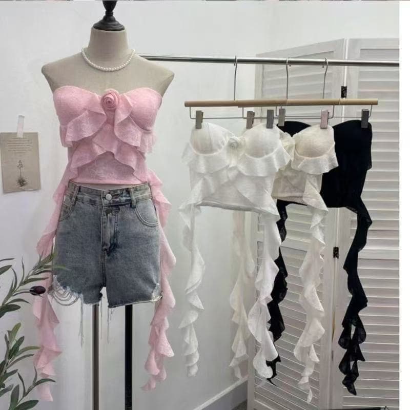 1919#Summer Pure Lust Style Hot Girl Tube Top Women's Ruffled Irregular Hem Short Bra Wrap Top