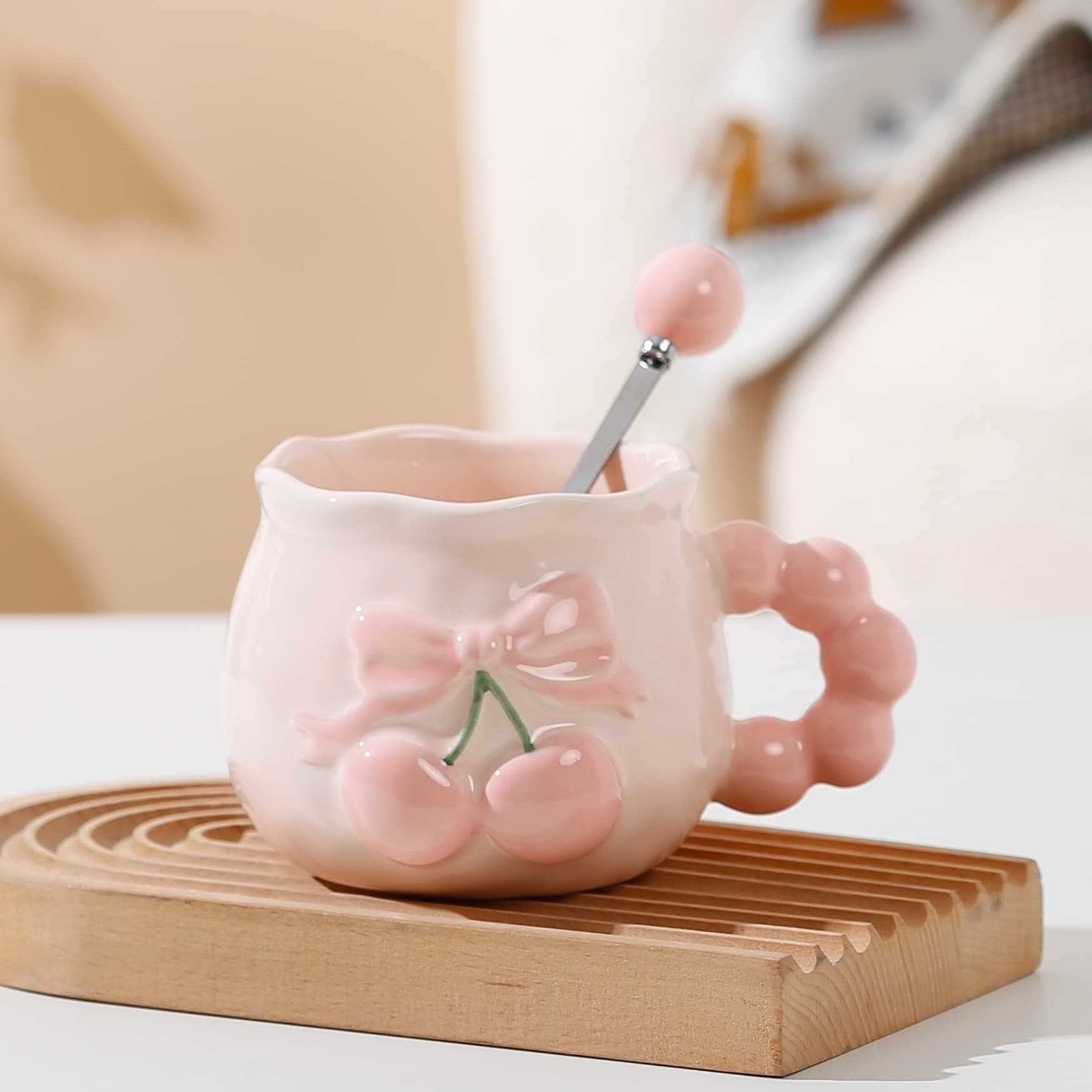 Hand-painted underglaze ribbon spoon mug for girls home office water cup couple set small gift cherry ceramic cup