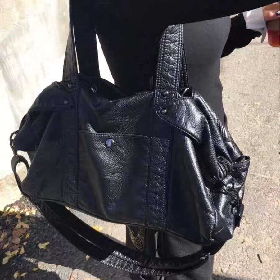 Cross-border popular retro motorcycle bag large capacity Y2K hot girl shoulder crossbody bag women's washable PU portable tote bag
