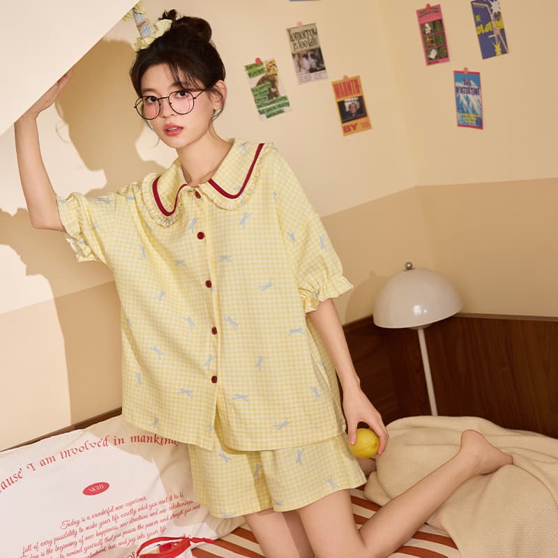 Women's Pajama Set, Summer Cardigan, Notch Collar, Korean Loose Fit Plus Size Two-Piece, Loungewear Set for Retail and Supermarket Wholesale
