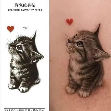 Cute Tabby Cat Tattoo Sticker Colorful Cartoon Cat Arm Wrist Tattoo Sticker Girl Heart Animal Tattoo Sticker