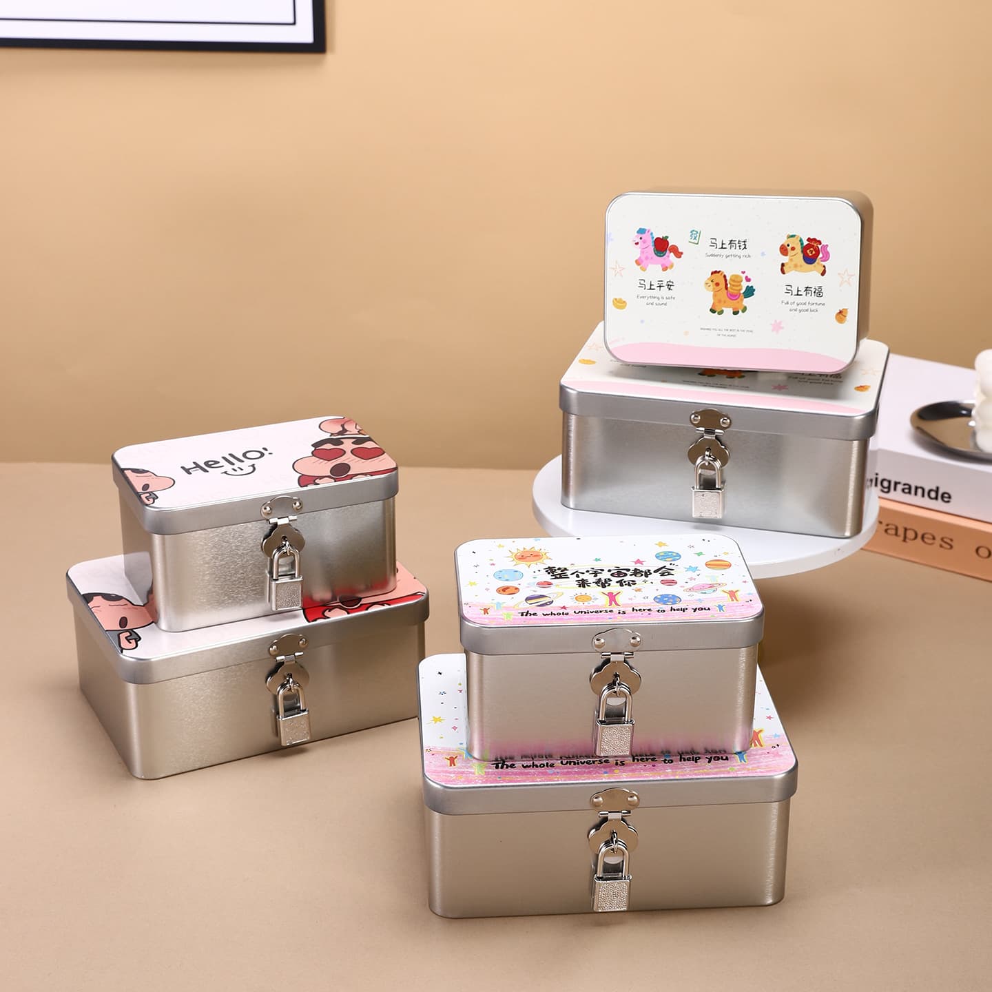 High-looking lockable cartoon iron box student privacy letter jewelry desktop cute multi-functional document storage box