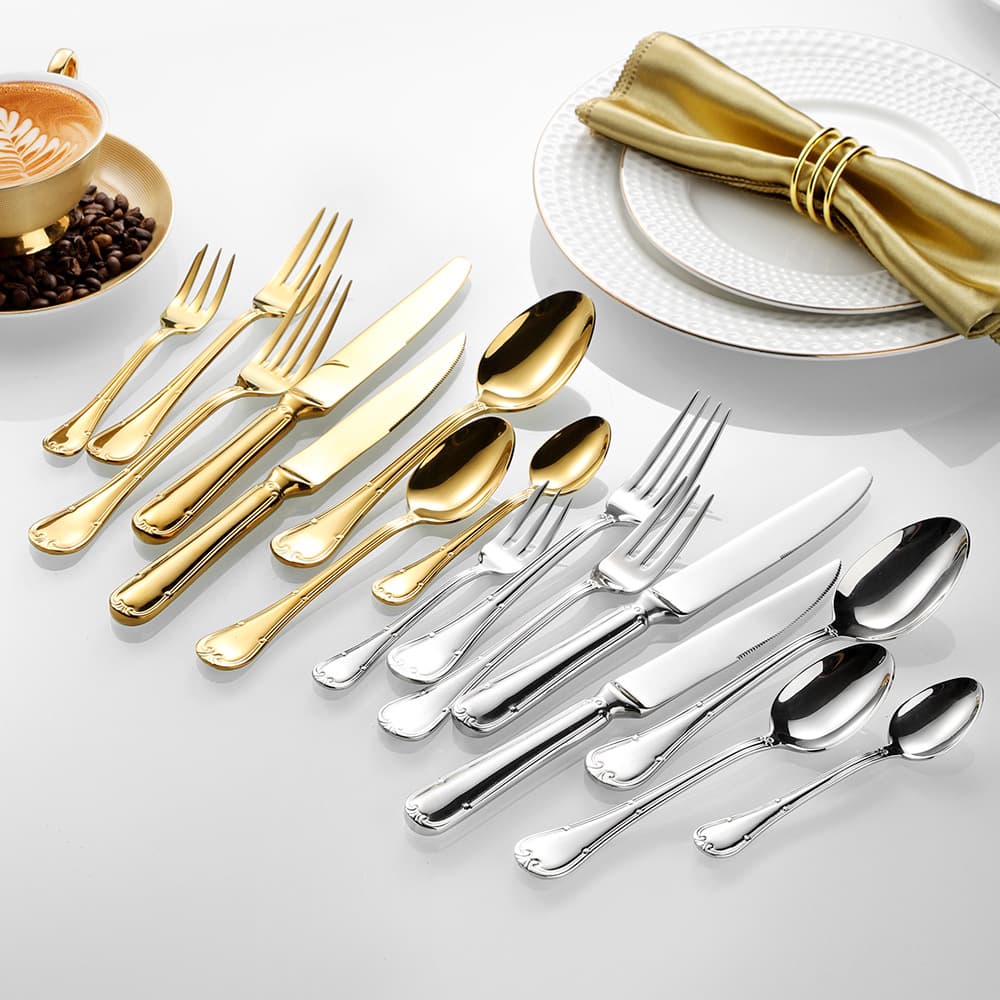 Factory Direct 304 Stainless Steel Cutlery High-End Steak Knife and Fork Set Hotel Luxury Vintage Gold-Trimmed Spoon