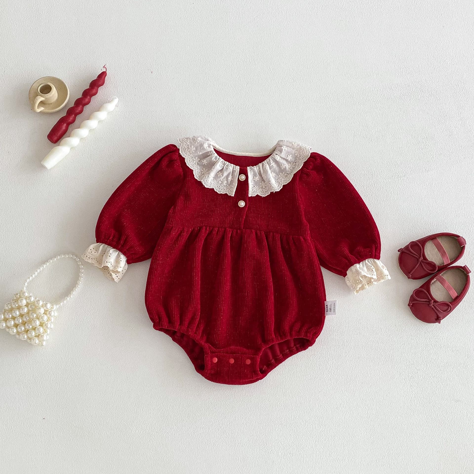 Baby Bodysuit Spring and Autumn Red Festive One-Piece First Birthday Outfit 100 Days Infant Spring Autumn Outdoor Clothes Cotton
