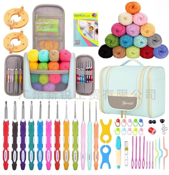 Cross-Border Knitting & Crochet Yarn DIY Kit 62-Piece Set TPR Colorful Soft Handle Crochet Hook Storage Bag Set