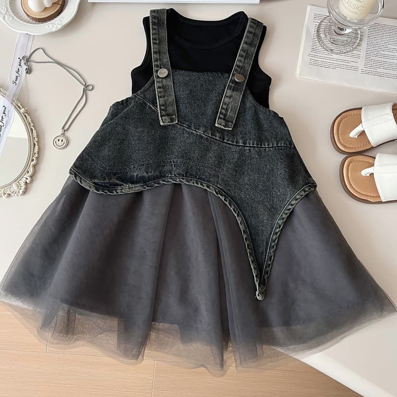 Girls dress suit summer style girl mesh splicing princess dress baby girl denim suspender skirt two-piece set