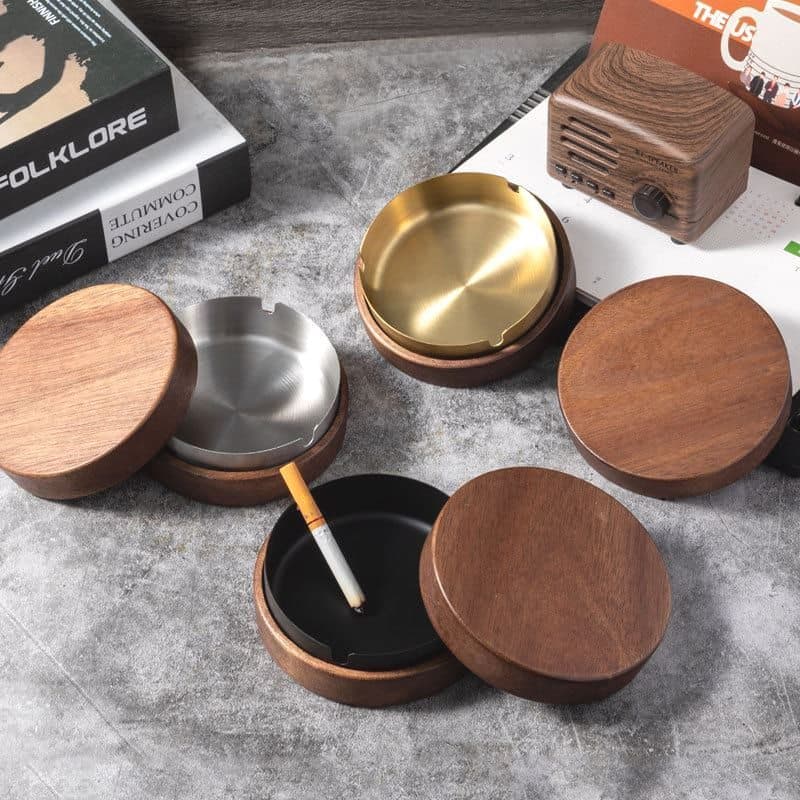 Creative Wooden Ashtray with Stainless Steel - High-end feel for home and hotel use, ideal as opening event gifts.