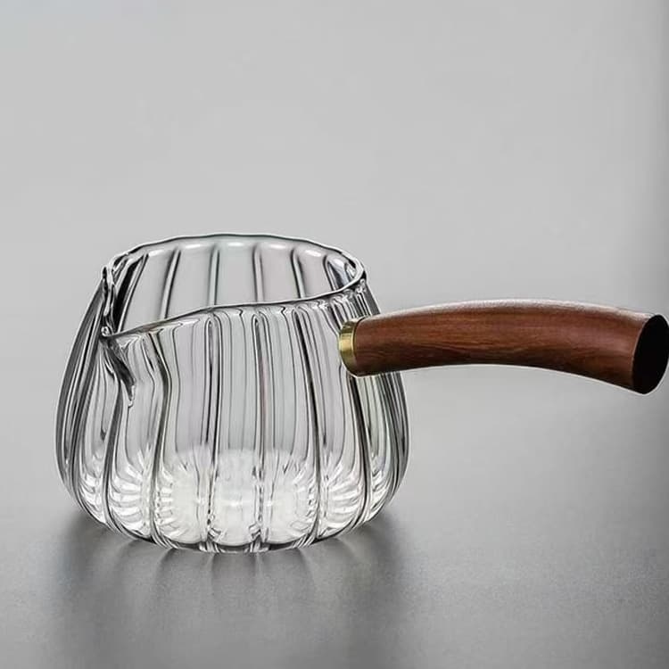 Striped Heat-Resistant Glass Fairness Cup Wooden Handle Tea Pitcher Hand-Blown Wood Glass Handle Side Handle Tea Set