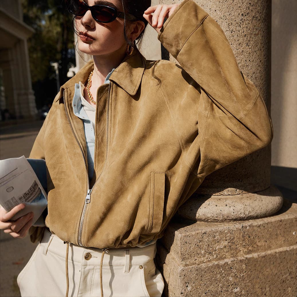 Women's Suede Leather Jacket with Drawstring Hem, Notched Lapel, High-Waist Slim Fit, Short Coat